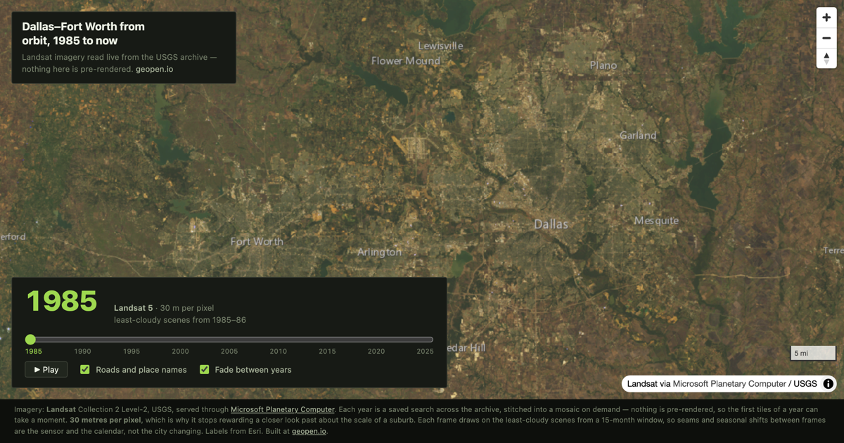 Preview of Dallas from orbit, 1985 to now