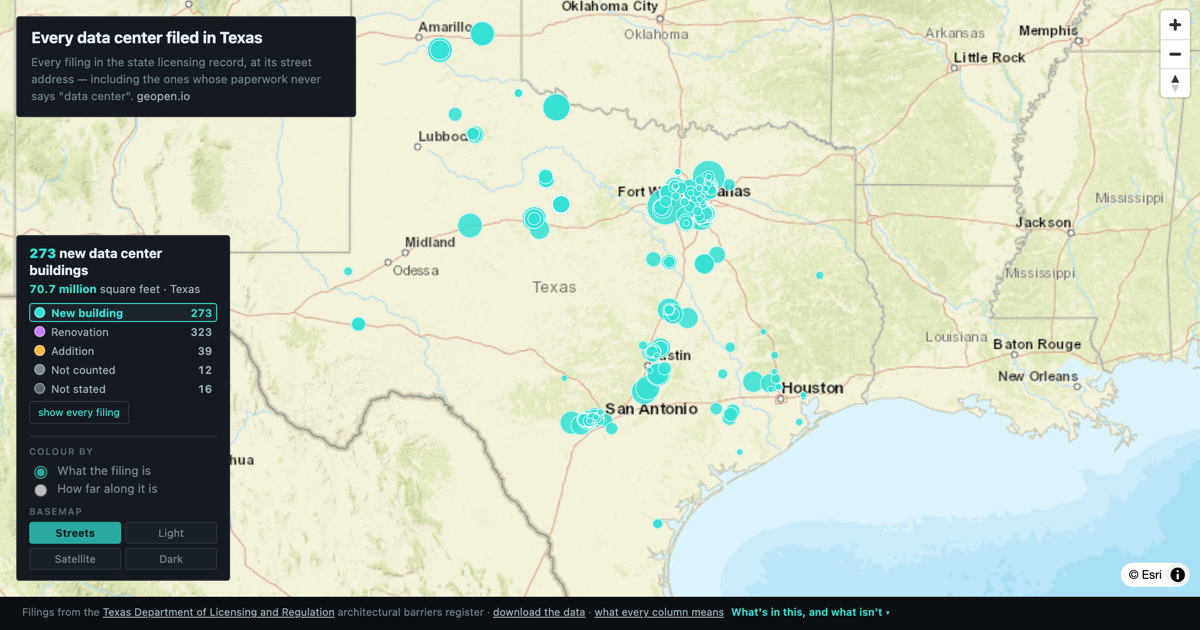 Preview of Every data center filed in Texas — 671 filings, 70 million square feet