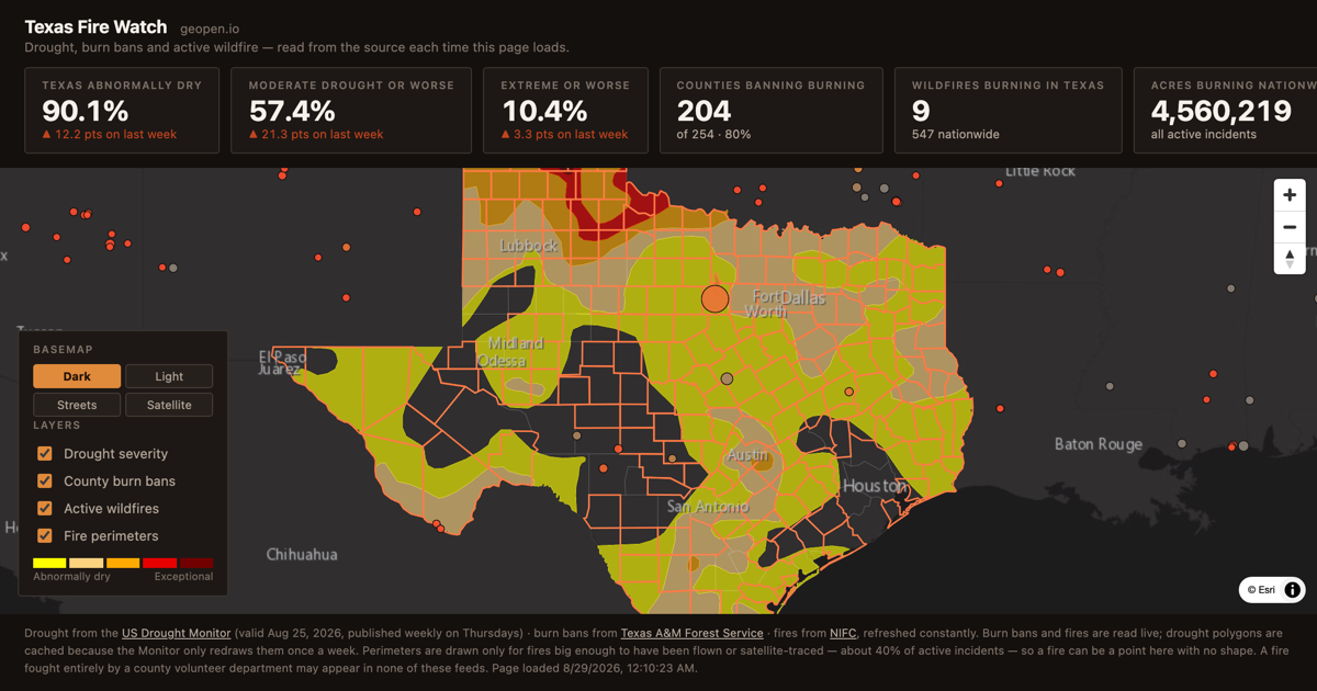 Preview of Texas Fire Watch — live drought, burn bans and wildfire